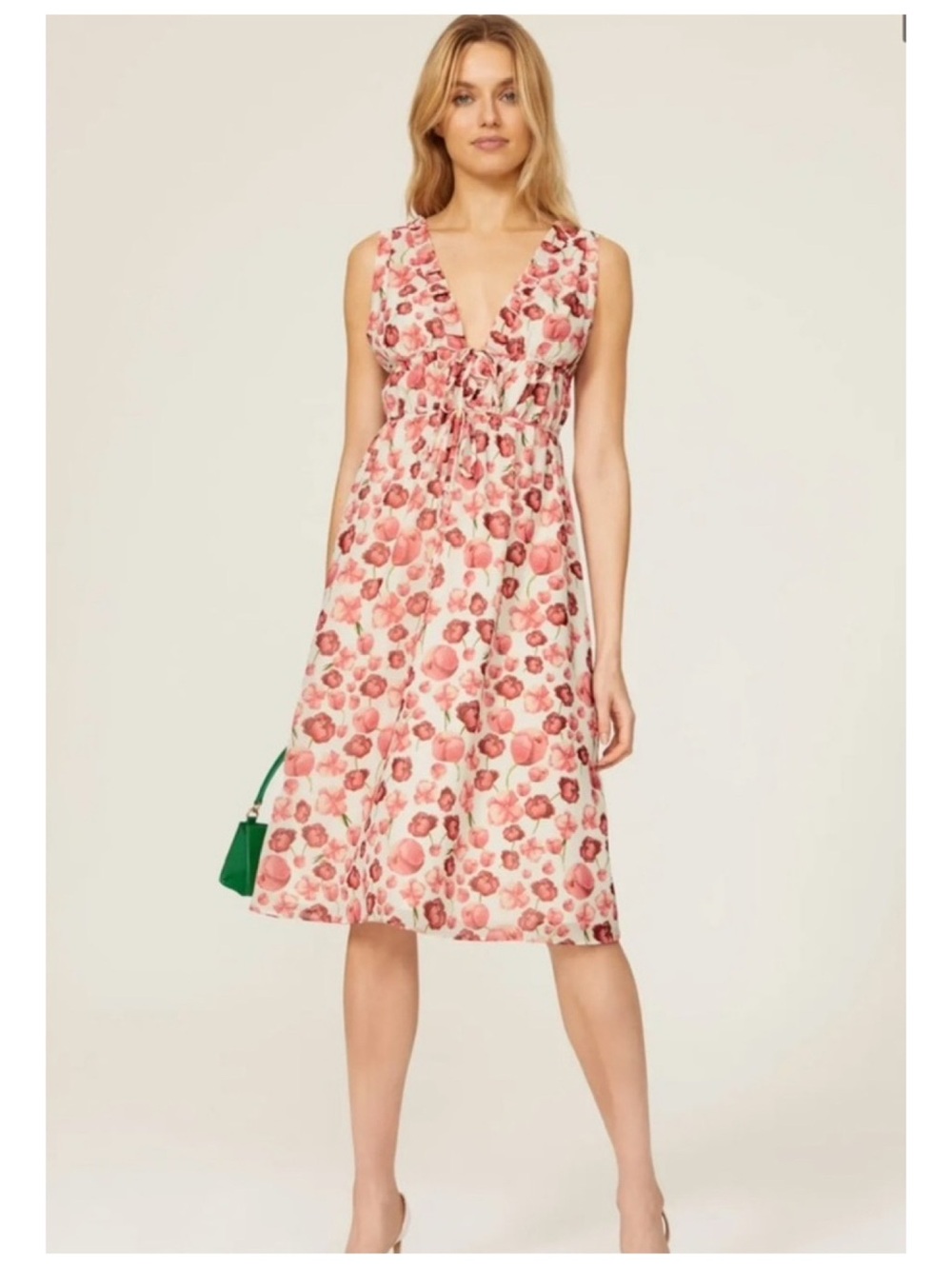 SIPOS Samantha Strawberry Floral Sleeveless Double Tie A-Line Midi Dress S